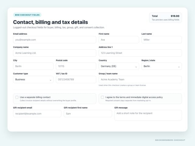 BricksMembers checkout fields for buyer identity, billing, tax, group, gift, and consent collection
