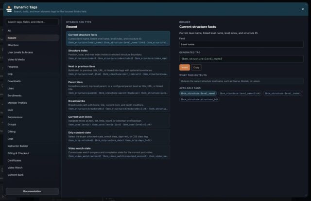 BricksMembers Dynamic Tag Assistant panel inside Bricks Builder with searchable tag sources and generated syntax