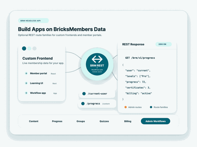 BricksMembers Headless REST API illustration showing custom apps, route families, and JSON response data
