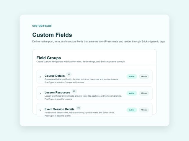 BricksMembers Custom Fields admin field groups for course, lesson, and event content metadata