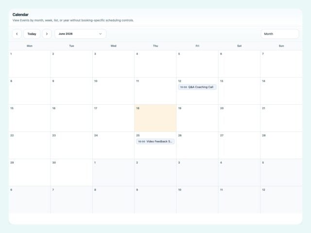 BricksMembers Events admin calendar with a full month view, live learning sessions, and internal screenshot padding