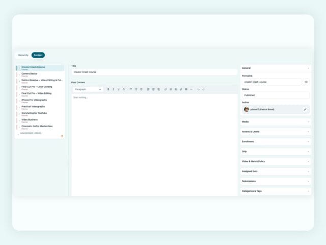 BricksMembers Structure Content Editor showing real course content with internal screenshot padding