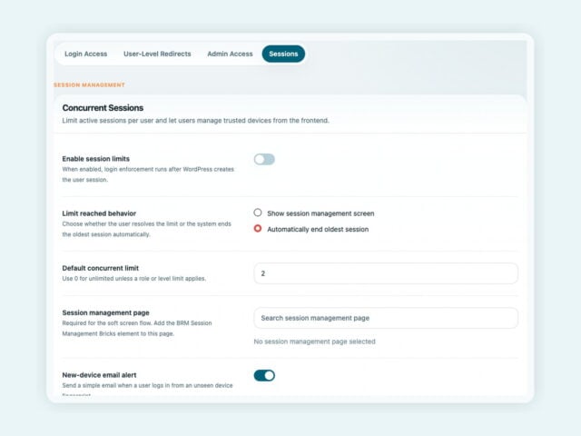 BricksMembers Session Limits settings screen with padding around the screenshot