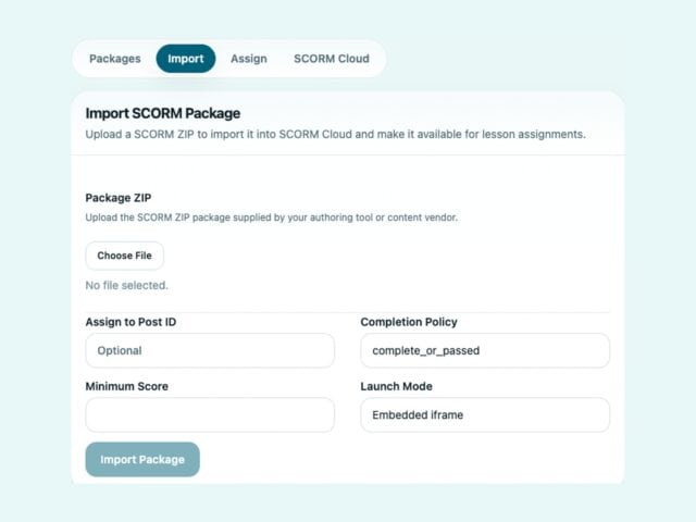 BricksMembers SCORM import screen with the Import tab active
