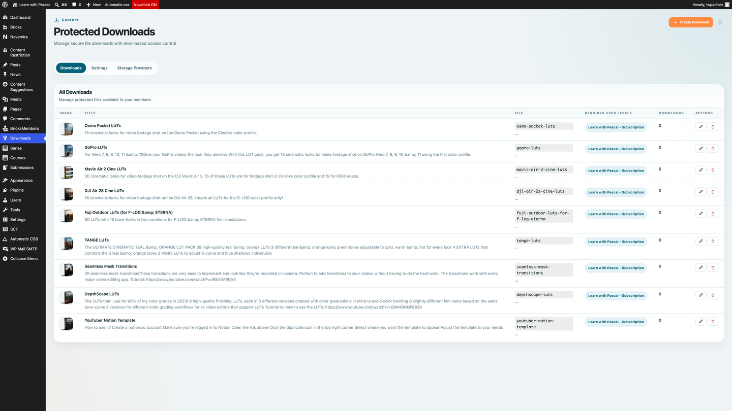 BricksMembers Protected Downloads admin screen for Learn with Pascal resources
