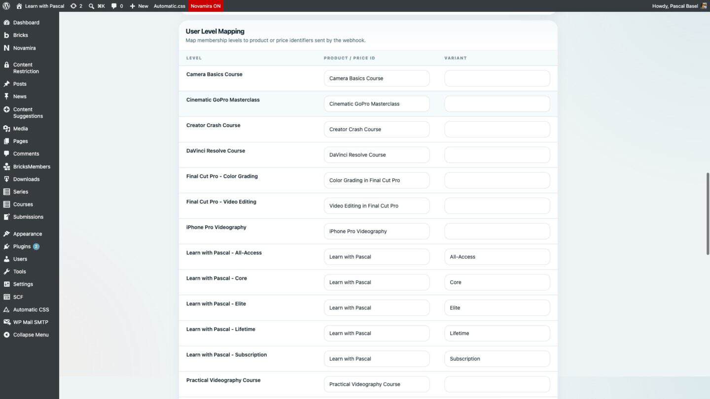 BricksMembers webhook user level mapping for Learn with Pascal access grants