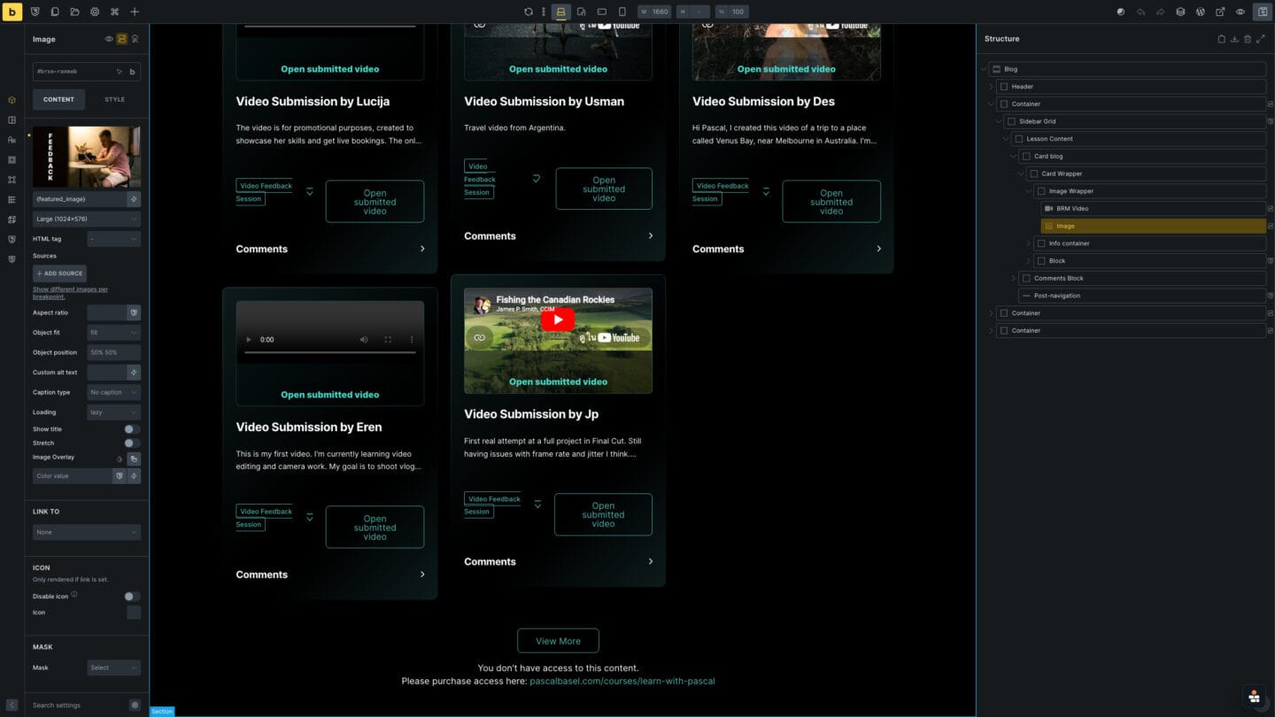 Bricks Builder event template scrolled to the submission-loop cards