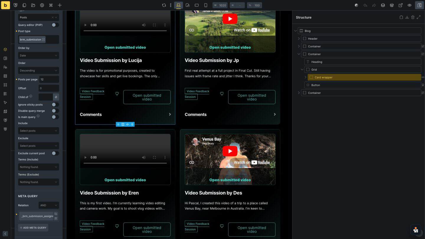 Bricks Builder event template submission query loop filtered by current event assignment