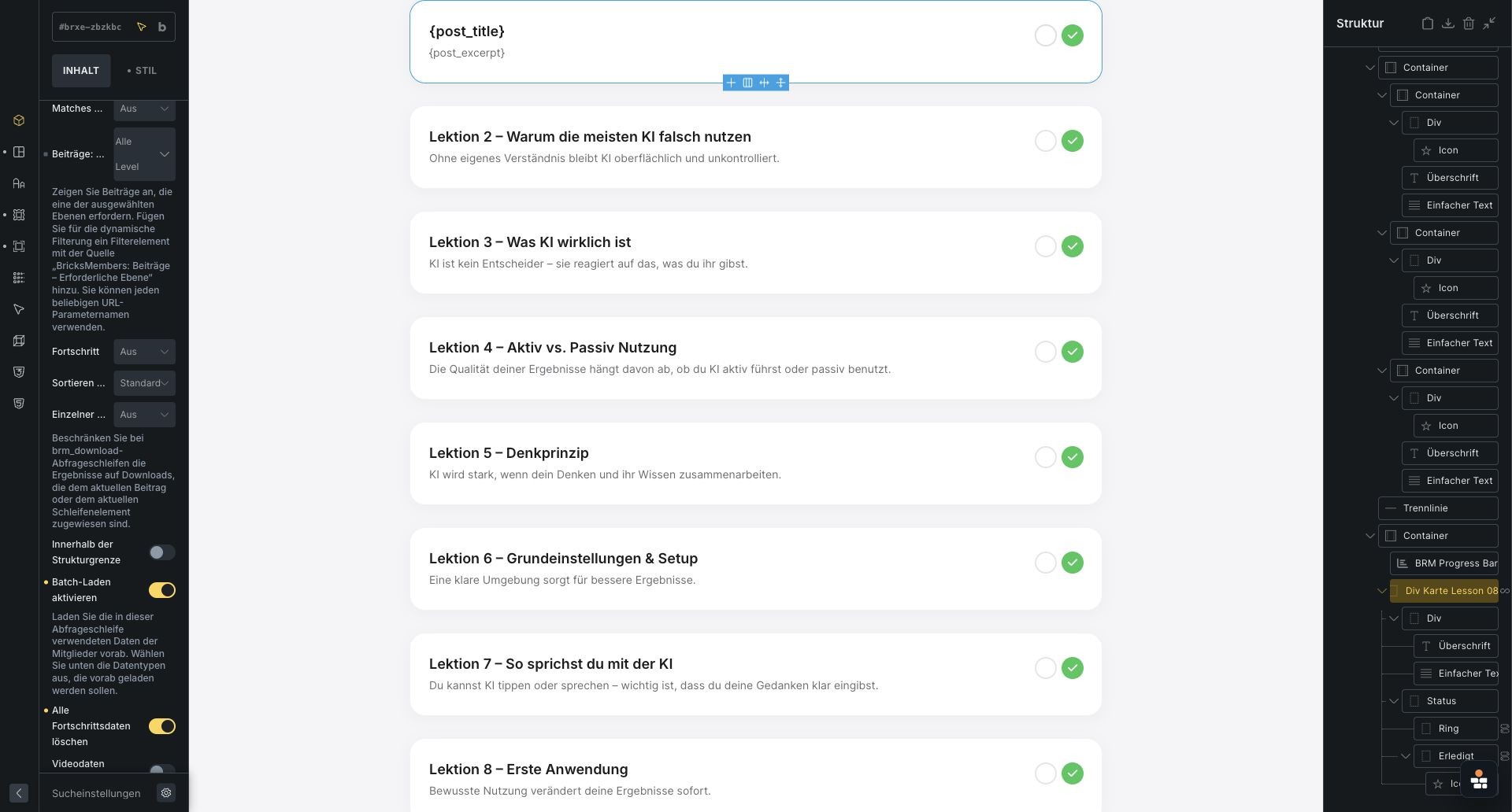 One query loop renders every lesson - Built in Bricks screenshot