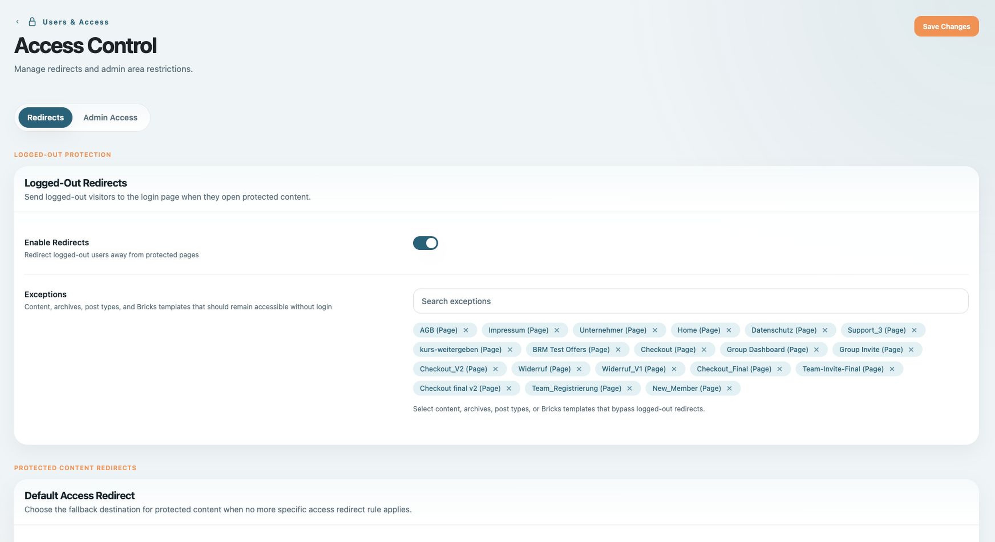 Access control and redirects keep the course gated - Built in Bricks screenshot
