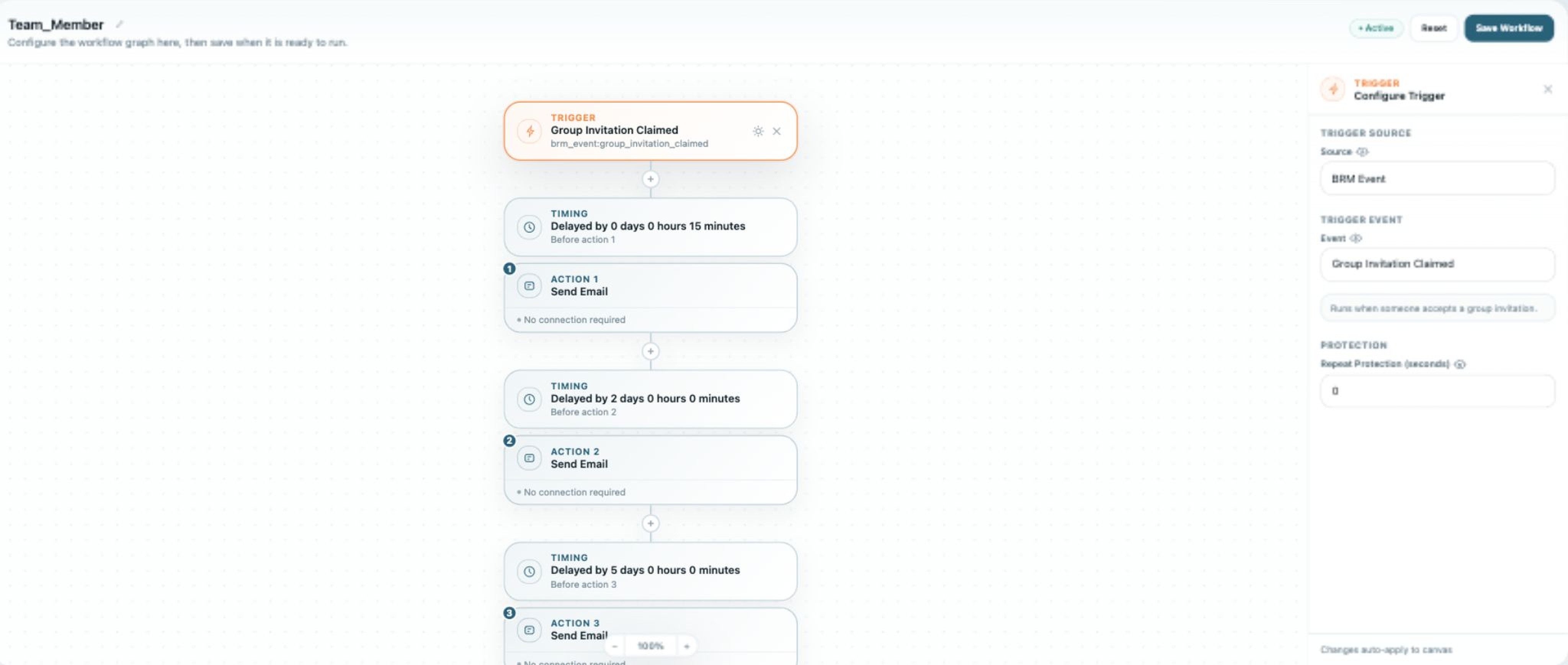 Each workflow is a trigger plus timed actions - Built in Bricks screenshot