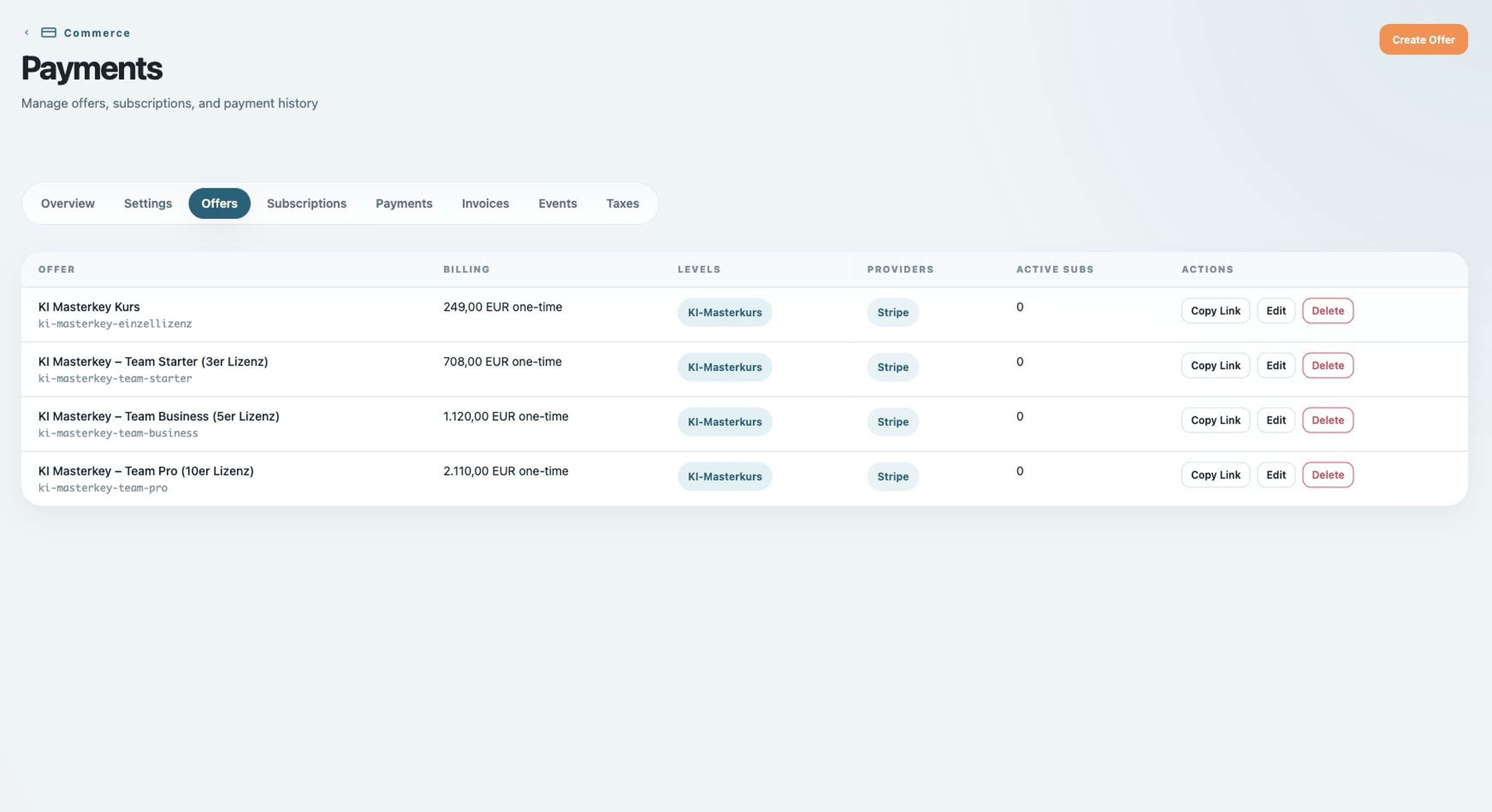 Four Stripe offers, one access level - Built in Bricks screenshot