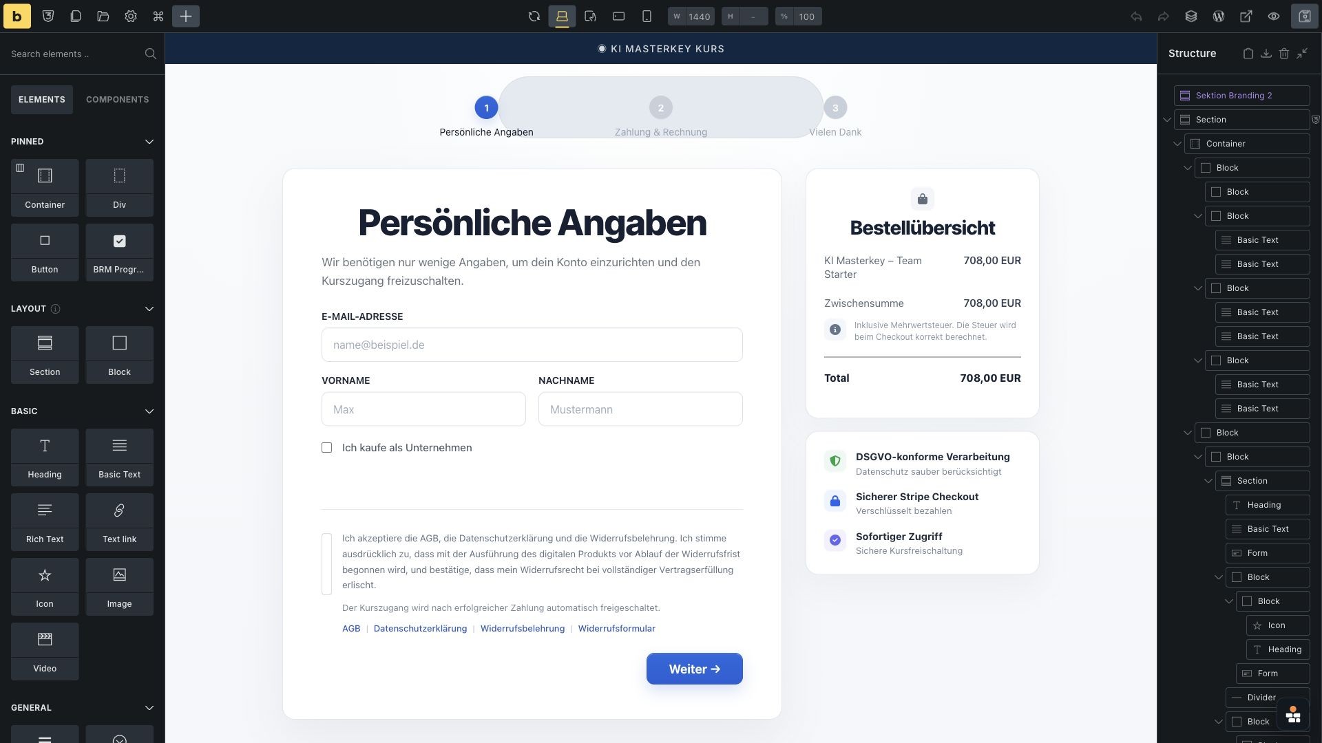 Bricks Builder view of the KIMasterkey checkout implementation
