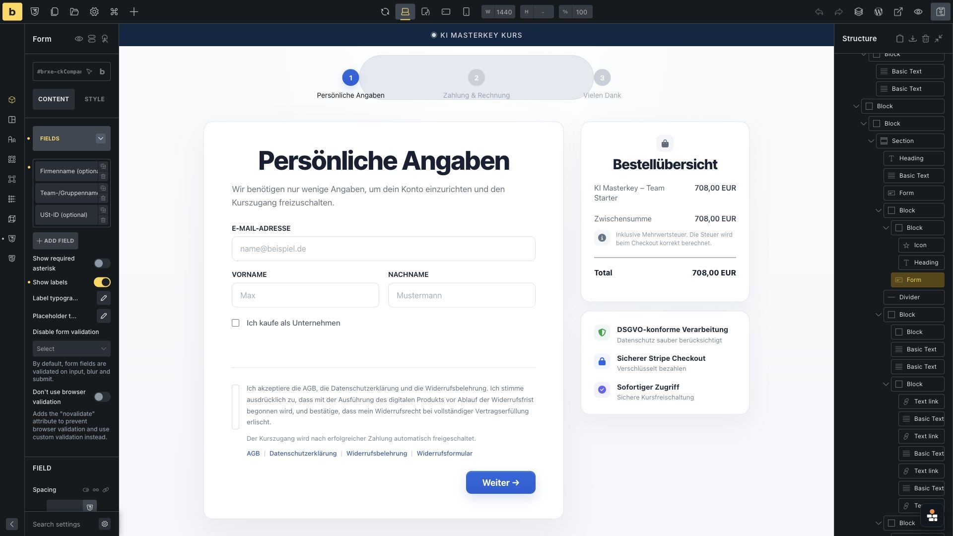 A real Bricks Form: fields, validation, legal consent - Front-end screenshot