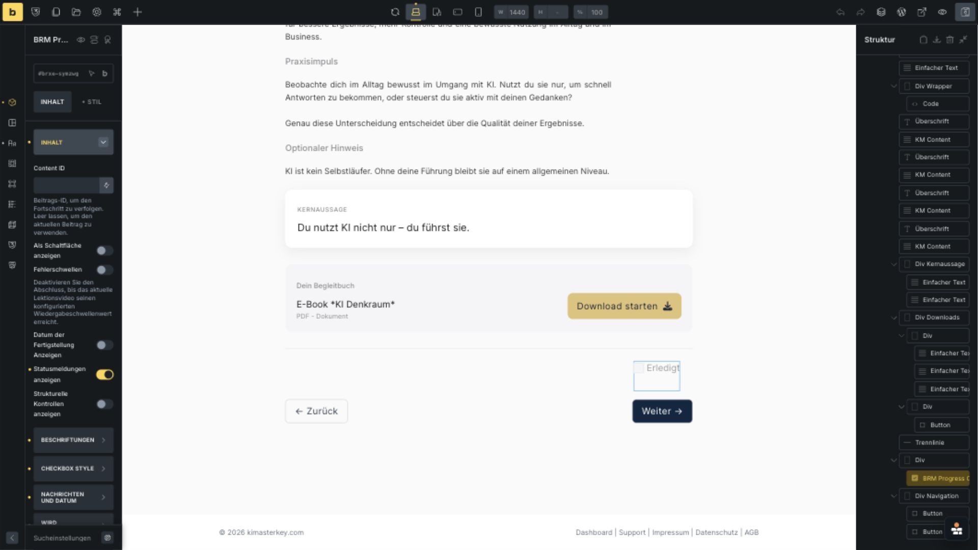 Lesson completion is a native element - Built in Bricks screenshot