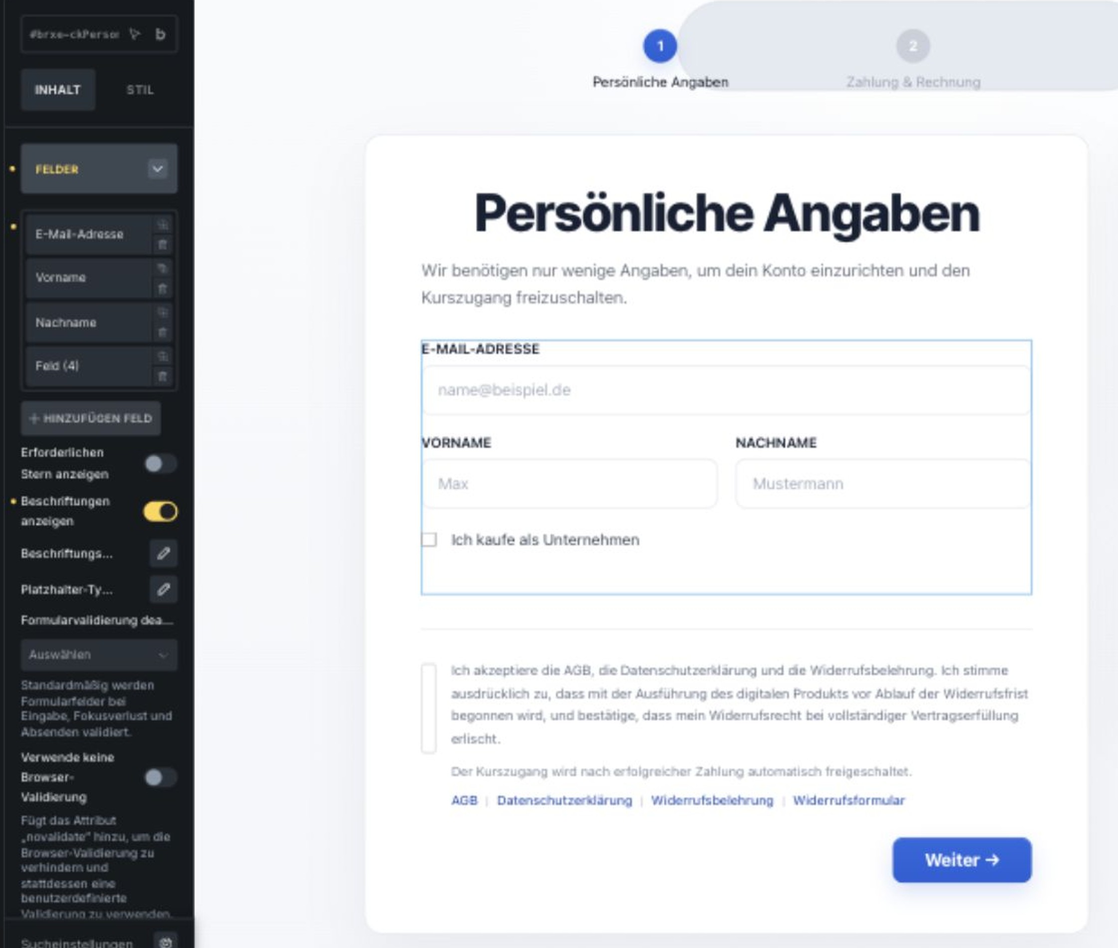 A real Bricks Form: fields, validation, legal consent - Built in Bricks screenshot