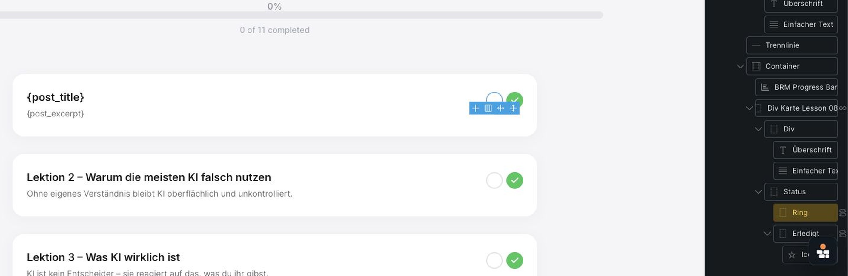 Conditional logic switches the lesson status icon - Built in Bricks screenshot