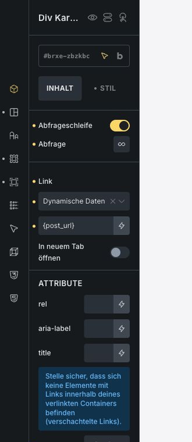 Loop enabled, the card link uses {post_url} - Built in Bricks screenshot