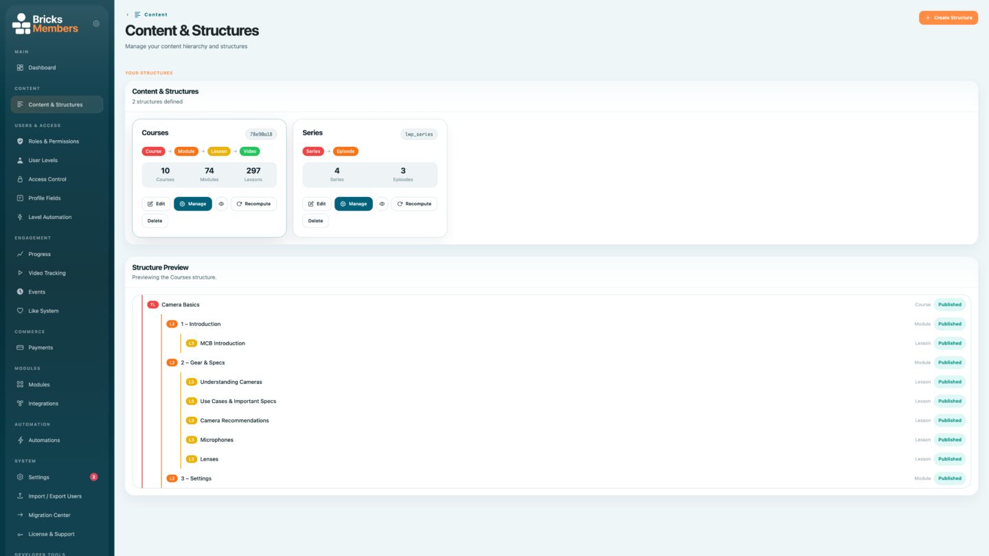 BricksMembers content structures overview showing Courses and Series