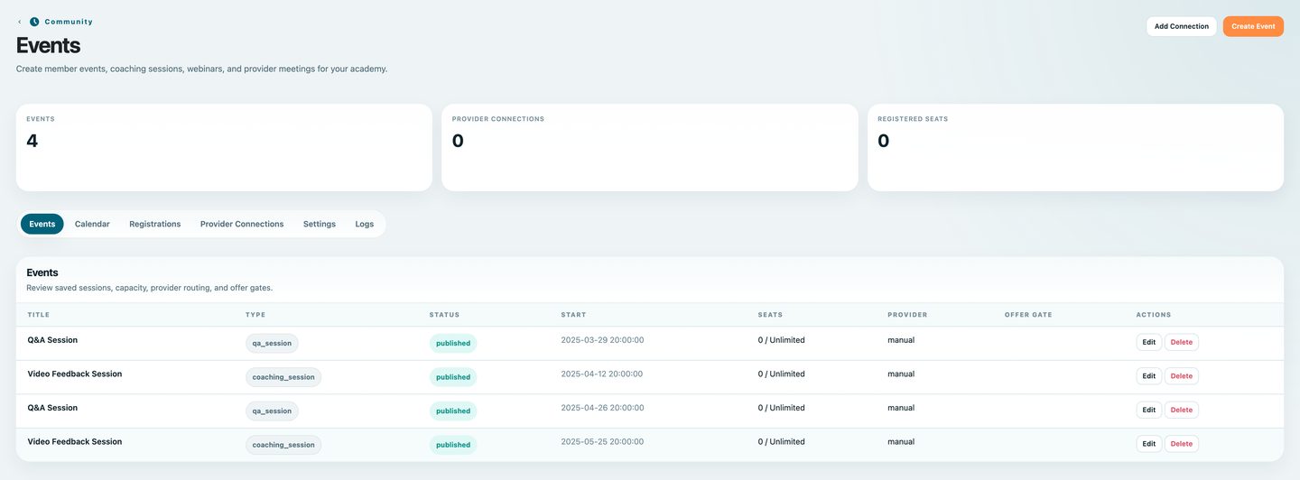 BricksMembers events admin overview