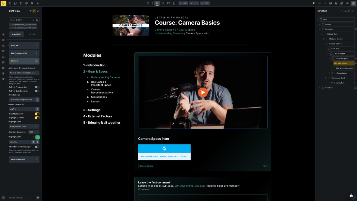 Bricks Builder course video template with the BricksMembers video element selected