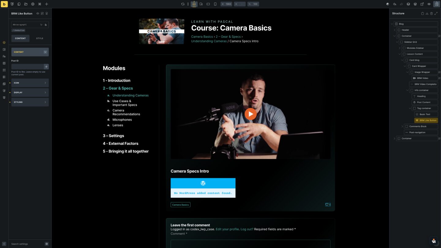 Course Video template like button and breadcrumbs
