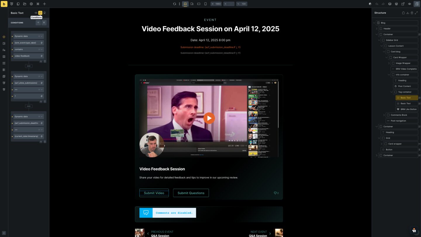 Bricks Builder event template dynamic tags and conditions