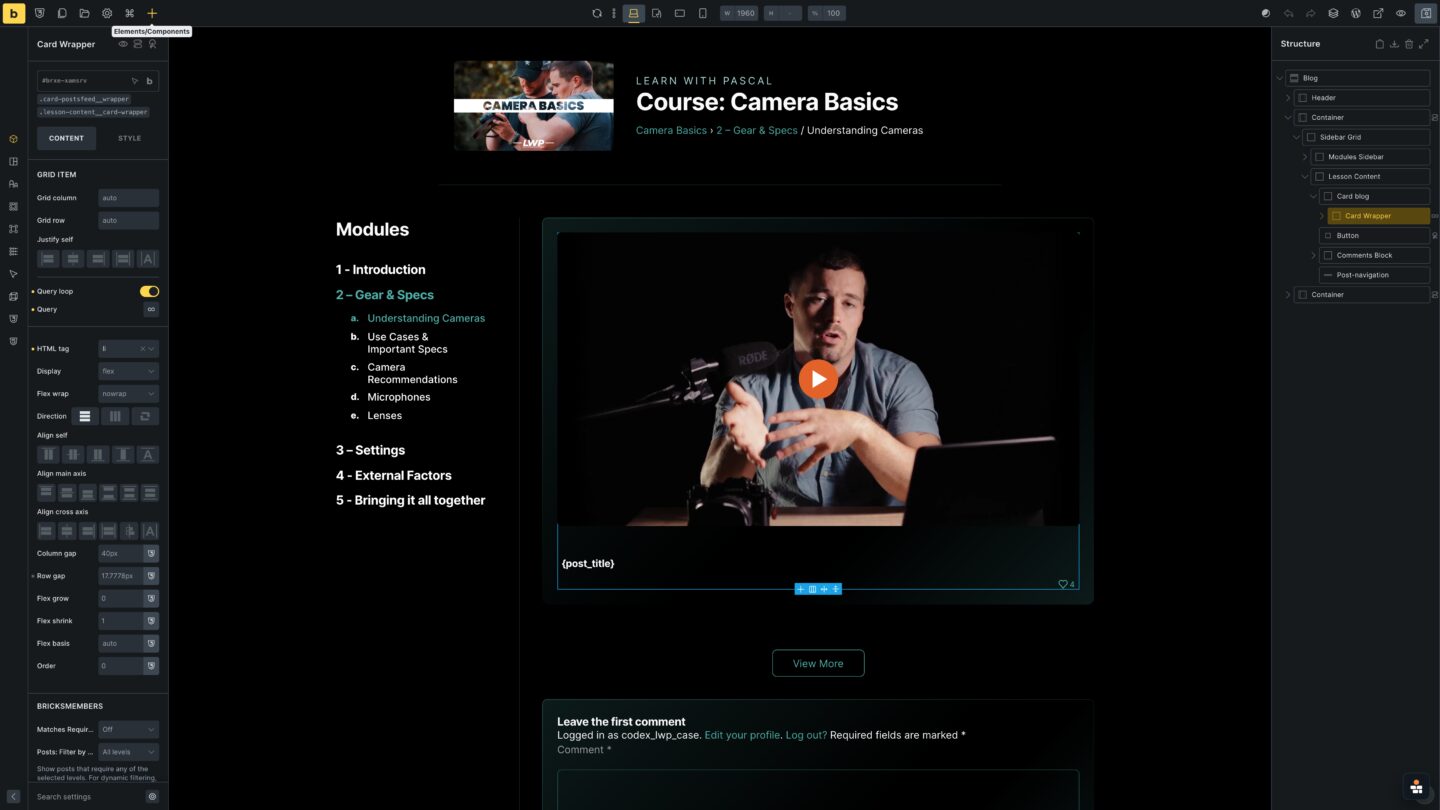 Bricks Builder lesson template with structure panel and bounded video query loop