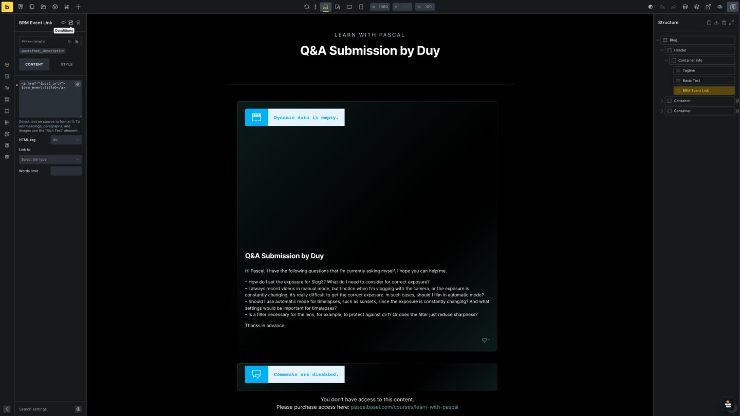 Bricks Builder submission template showing the BRM Event Link element
