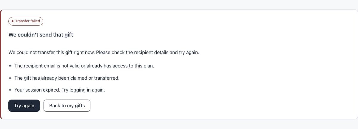 Gift Transfer Error