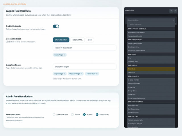 BricksMembers access control rules with content protection settings per level