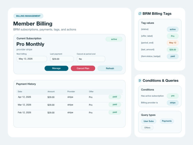 BricksMembers billing management screen with subscription details, payment history, invoices, and billing actions