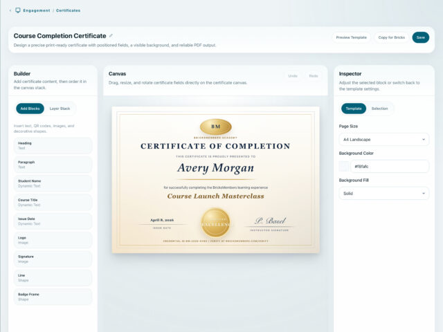BricksMembers certificate designer with visual PDF builder and dynamic fields