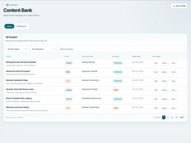 BricksMembers Content Bank with reusable source posts, collections, and usage tracking