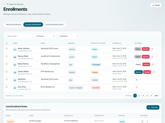 BricksMembers enrollment management with status tracking and scheduling