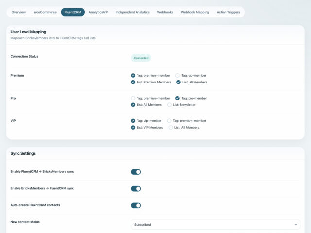 BricksMembers CRM and marketing integrations with FluentCRM, Mailchimp, and more