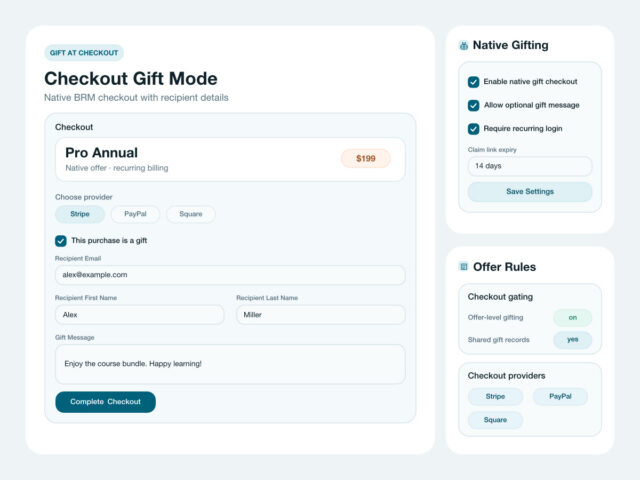 BricksMembers native checkout gifting flow with recipient details and gift option