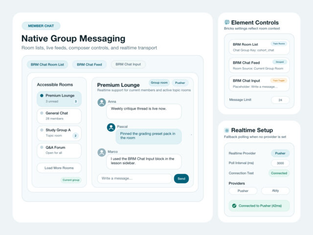 BricksMembers member chat interface with chat rooms, conversations, and message threads