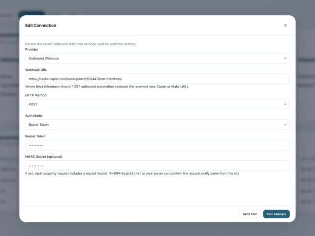 BricksMembers outbound webhook configuration with Zapier and Make support