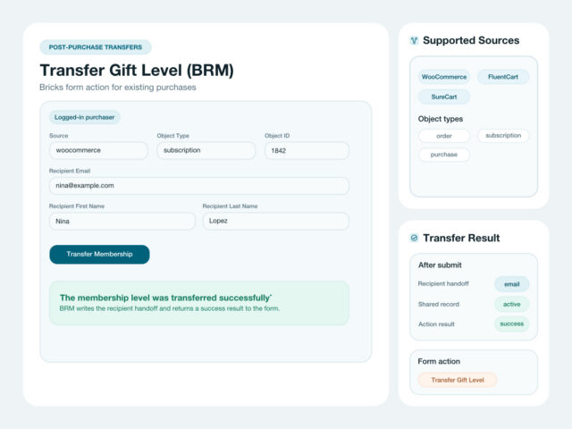 BricksMembers post-purchase transfer form with source selection, recipient details, and transfer status