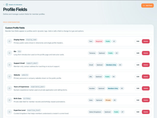 BricksMembers user profile fields with custom field types and visibility controls