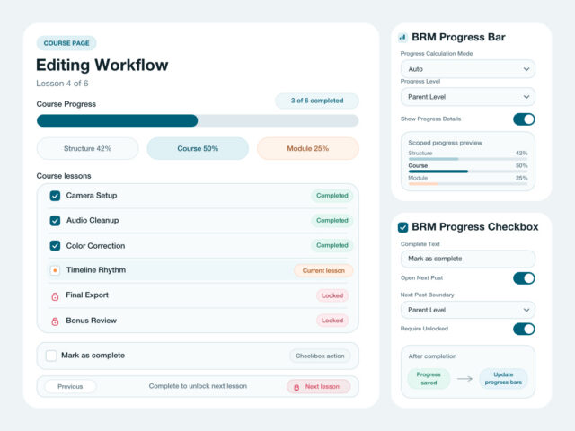 BricksMembers progress tracking analytics with completion rates and user activity