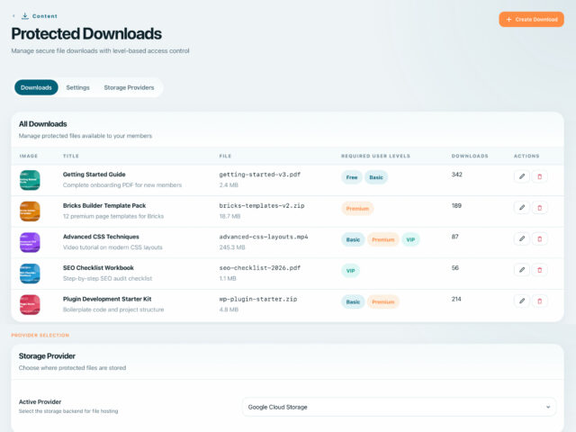 BricksMembers protected downloads management with file listing and access controls