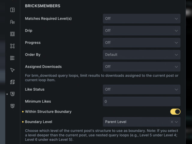 BricksMembers query loop filters for level access, enrollment, progress, and drip status