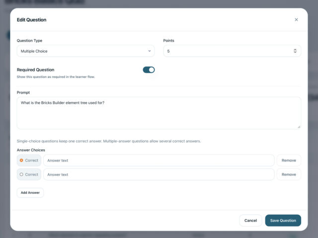 BricksMembers quiz builder with question types and assessment settings