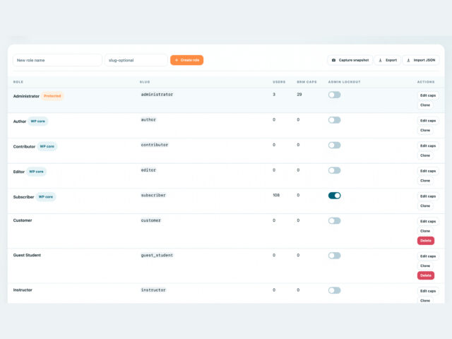 BricksMembers Roles and Permissions screen with role creation, BRM capabilities, snapshots, export, and admin lockout controls