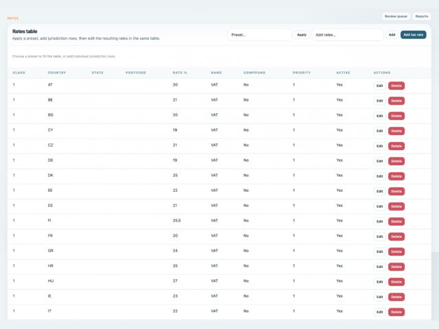BricksMembers tax, VAT, and compliance settings with Stripe Tax, manual rates, reports, and billing address collection
