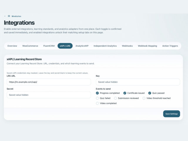 BricksMembers xAPI and integration settings with event selection and external connections